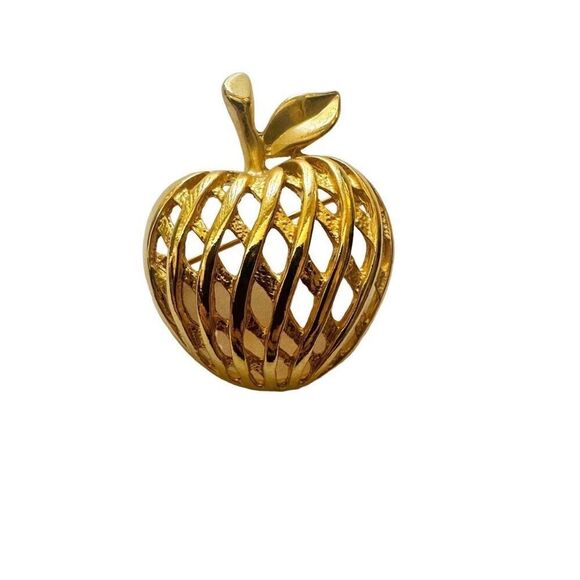 Gold tone cross hatched apple brooch - Picture 1 of 7